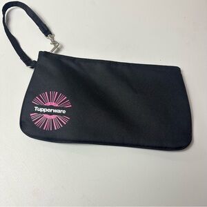 Tupperware brand classic black nylon logo wristlet NWOT